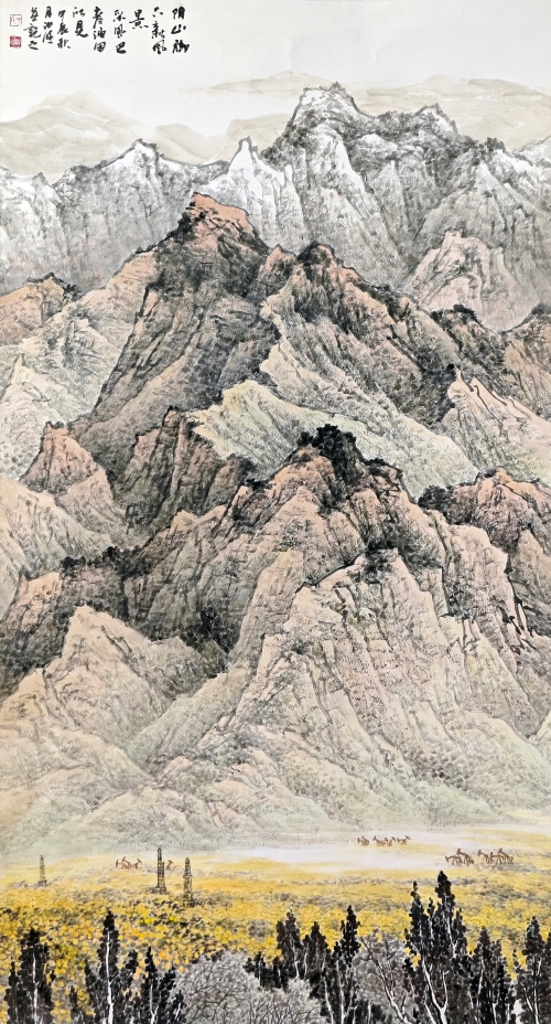 2-于汝旺-中國(guó)石油天然氣集團(tuán)有限公司-陰山腳下新風(fēng)景-國(guó)畫-180X96cm-外框尺寸-251x106CM