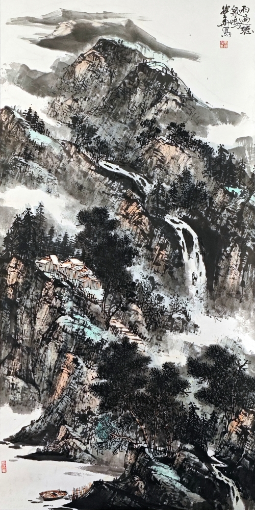 3-馬俊華-山東能源集團(tuán)有限公司-國(guó)畫-雨過聽泉鳴-137X68cm(外框193x78)