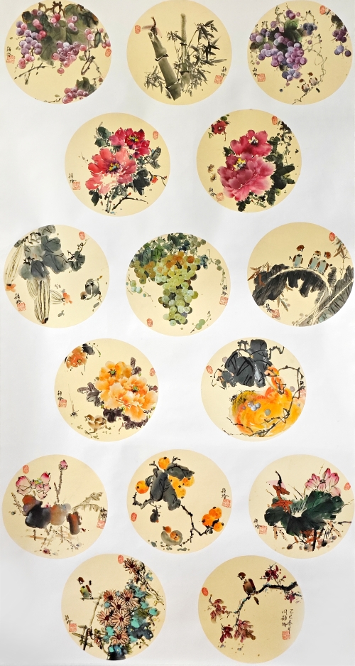 14-閆穎玲-中國石油天然氣股份有限公司-國畫-花鳥團(tuán)扇集-180X95cm(外框234x105)