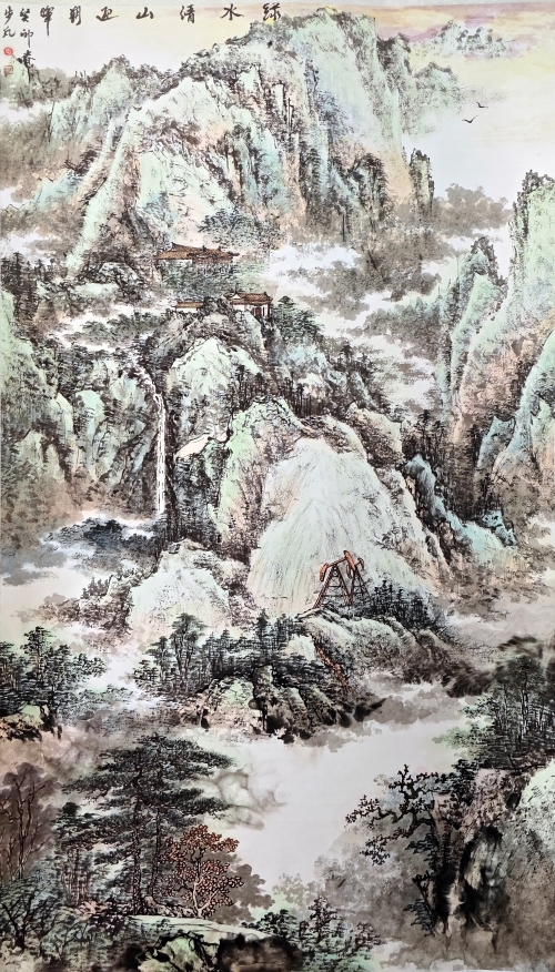 20-步凡-陜西煤業(yè)化工集團(tuán)有限責(zé)任公司-國(guó)畫(huà)-綠水青山迎朝暉-180X96cm-(外框240x105)