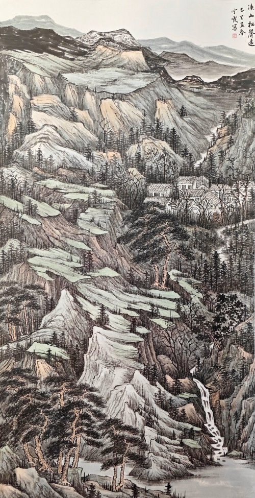 35-趙寧霞-晉能控股集團(tuán)有限公司-溪山松聲遠(yuǎn)-國(guó)畫(huà)-180×97cm-外框尺寸236X106cm