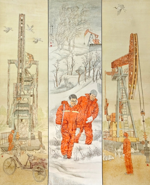 5-王瀟-中國石油天然氣集團(tuán)有限公司-鐵肩擔(dān)道義石油寄青春-國畫-170×148cm-外框尺寸256X170cm