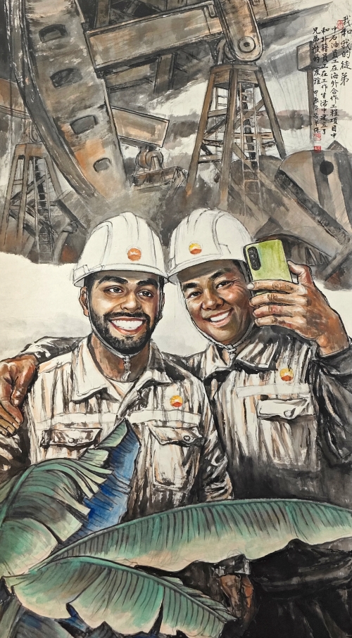 45-黃羊保-中國石油天然氣集團(tuán)有限公司-我和我的徒弟-國畫-180×96cm-外框尺寸246X105cm